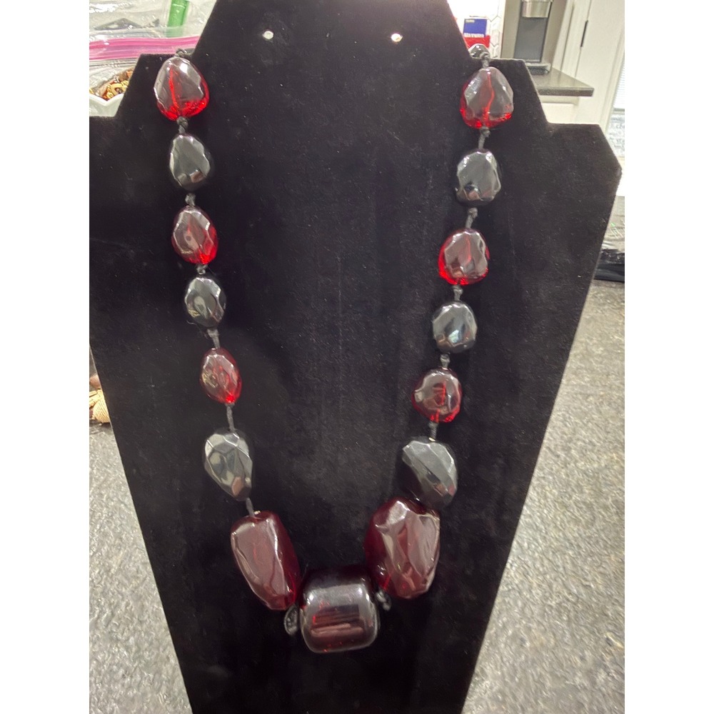 Vintage Chunky Ruby Red Glass Hematite Bead Statement Necklace Hand Knotted Boho